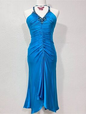 Cache Turquoise Halter Maxi Dress with Beaded Neckline